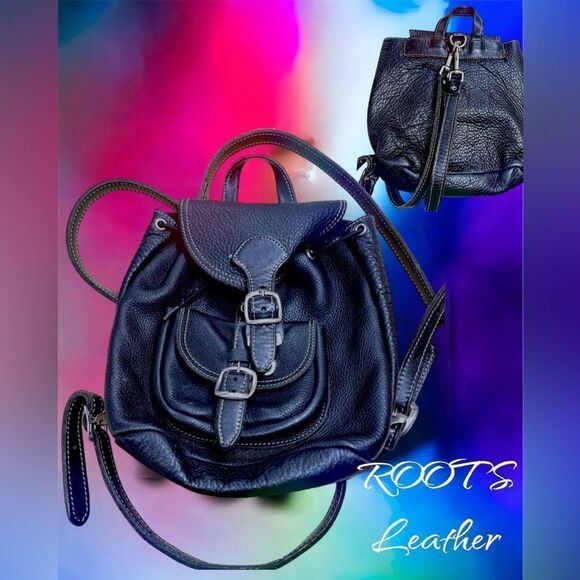 ROOTS Leather Mini-Backpack, Purse, Rucksack l Black Pebbled l Vintage - Picture 3 of 9